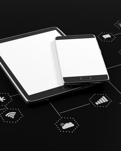 Smartphone, tablet with blank screen on black background with app icons. 3d illustration
